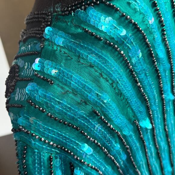 Royal Feelings Vintage Silk Sequin Beaded Top XL Teal Black Evening Party Blouse - Picture 12 of 15